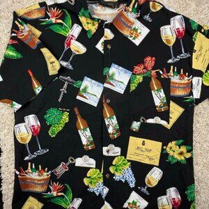 MONZINI Cotton Rayon Button Up Hawaii Black Drinks Print Travel, Size Large